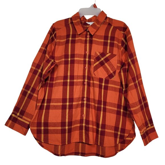 Time & Tru Women's Orange Plaid Button-Up Long Sleeve Shirt Size Medium (8-10) - Picture 1 of 10